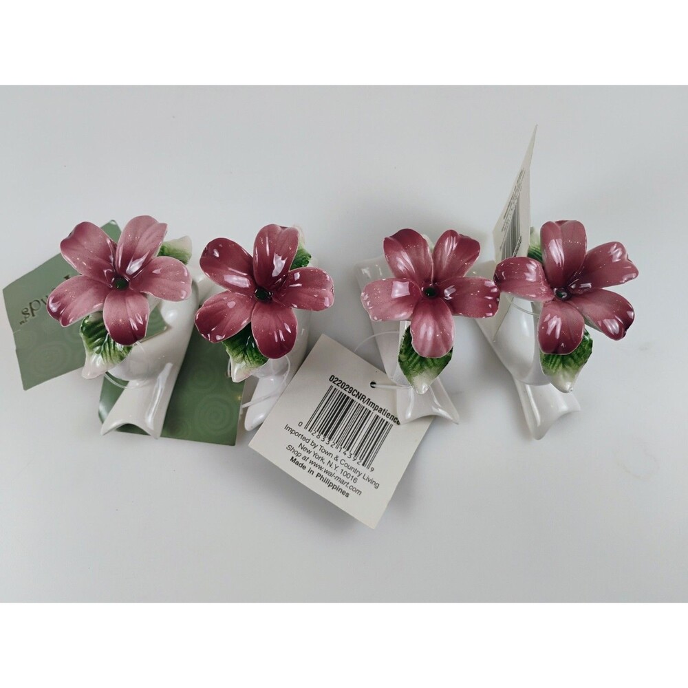 4 Vtg Floral HomeTrends Impatience Flower Porcelain Ceramic Napkin Rings